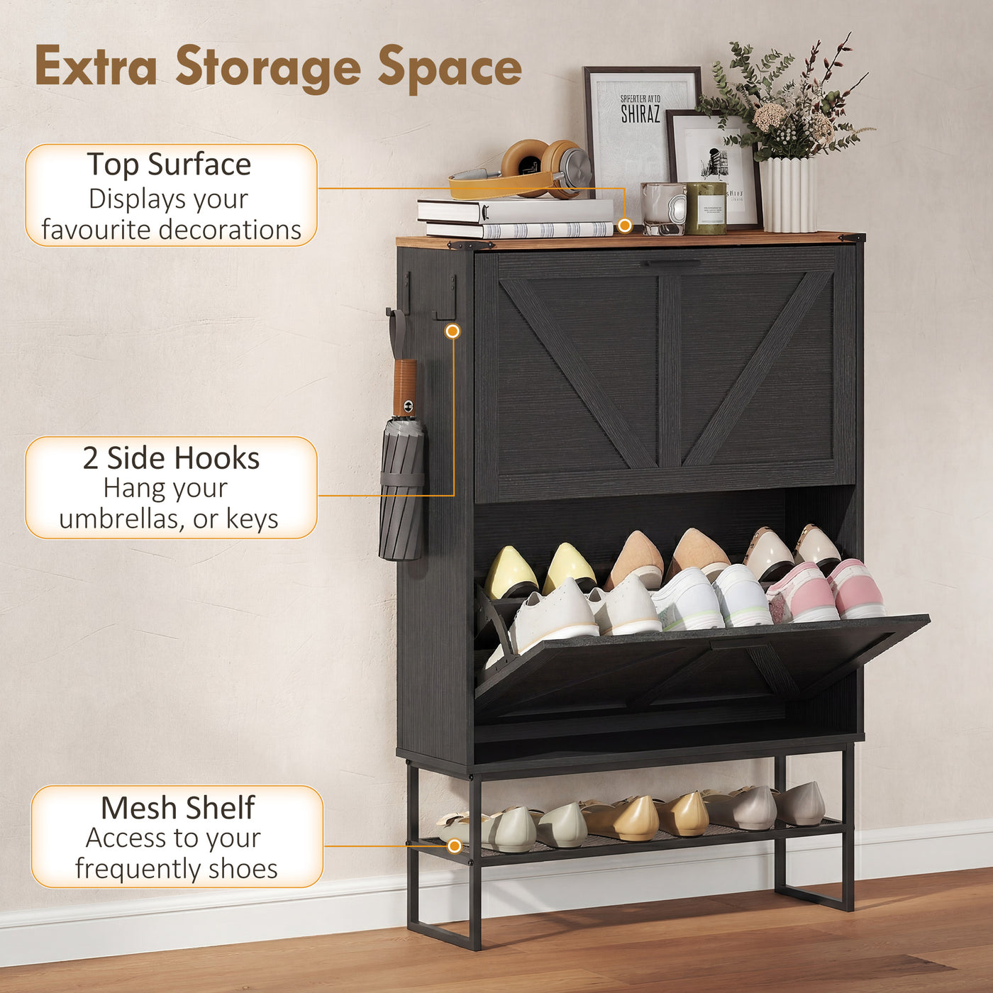 Narrow Shoe Storage Cabinet with 2 Flip Drawers, Slim Shoe Cabinet for 15-20 Pairs, Black Wood Grain