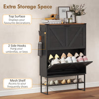 Narrow Shoe Storage Cabinet with 2 Flip Drawers, Slim Shoe Cabinet for 15-20 Pairs, Black Wood Grain