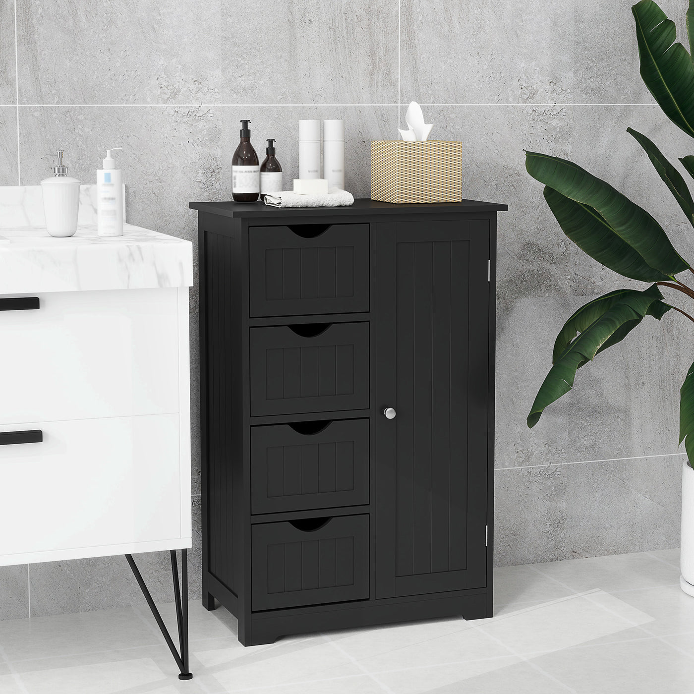 Bathroom Storage Cabinet, Floor Cabinet with Adjustable Shelf and 4 Drawers, Side Cabinet for Washroom, Black