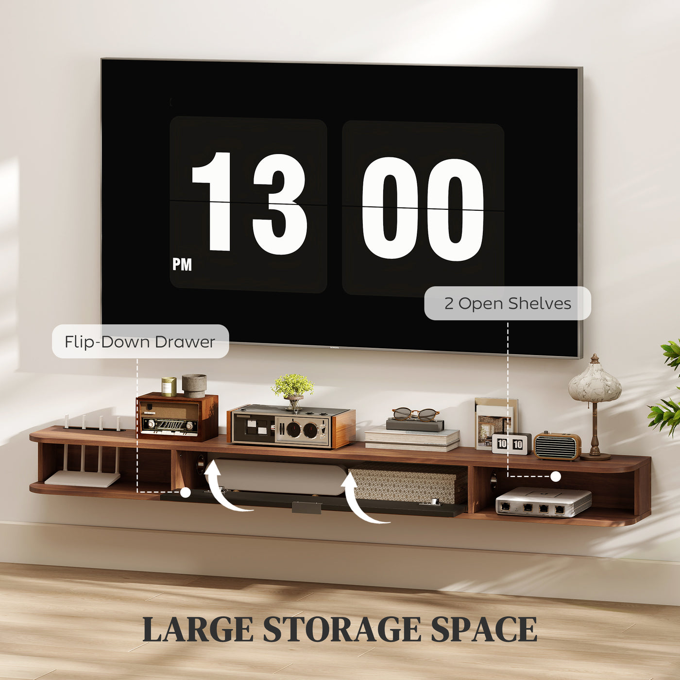 71" Floating TV Stand for TVs up to 75 Inch, Wall Mounted Media Console with Flip Drawer and 2 Open Shelves, Walnut