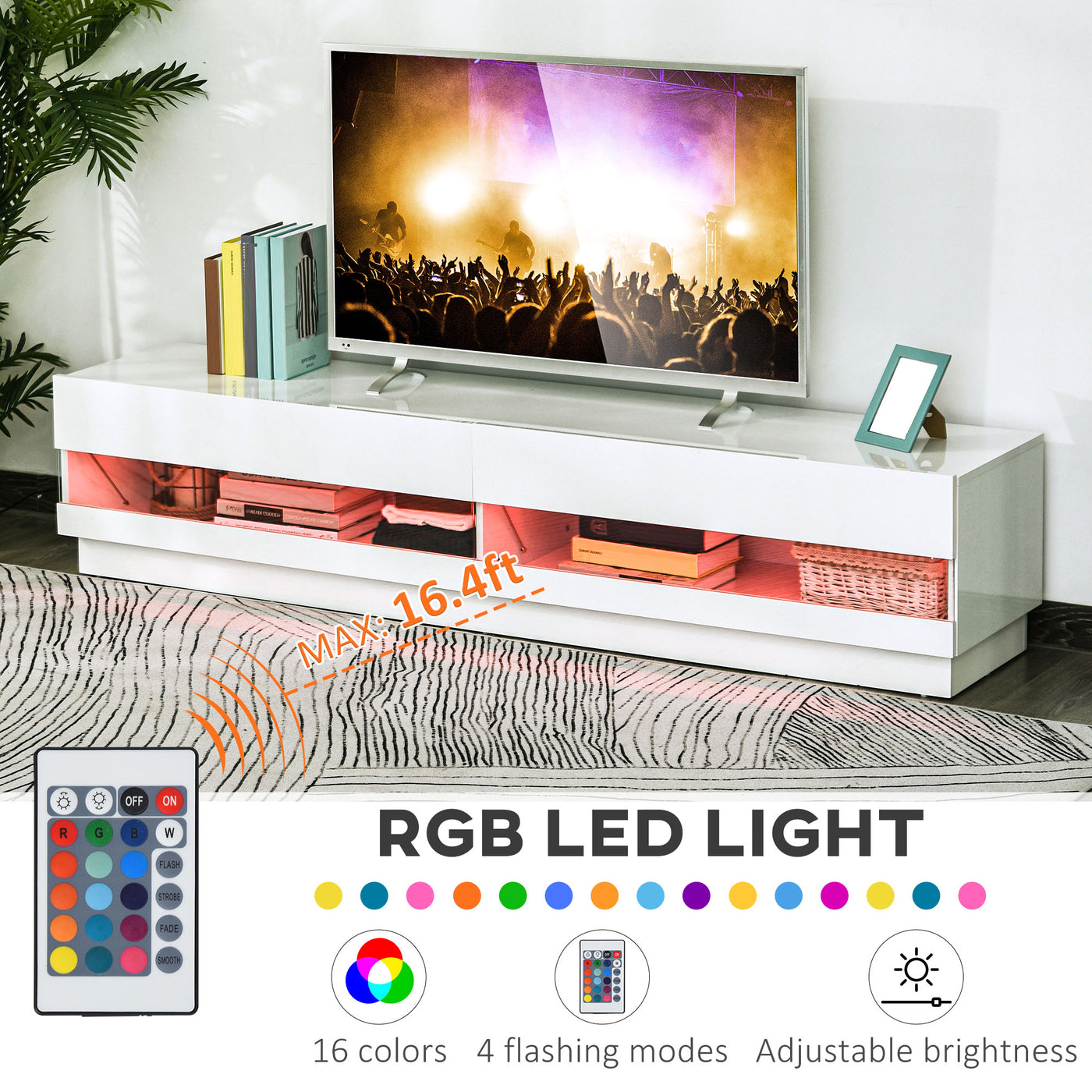 Lighted TV Stand for TVs up to 75", TV Cabinet with Storage for Living Room, High Gloss White