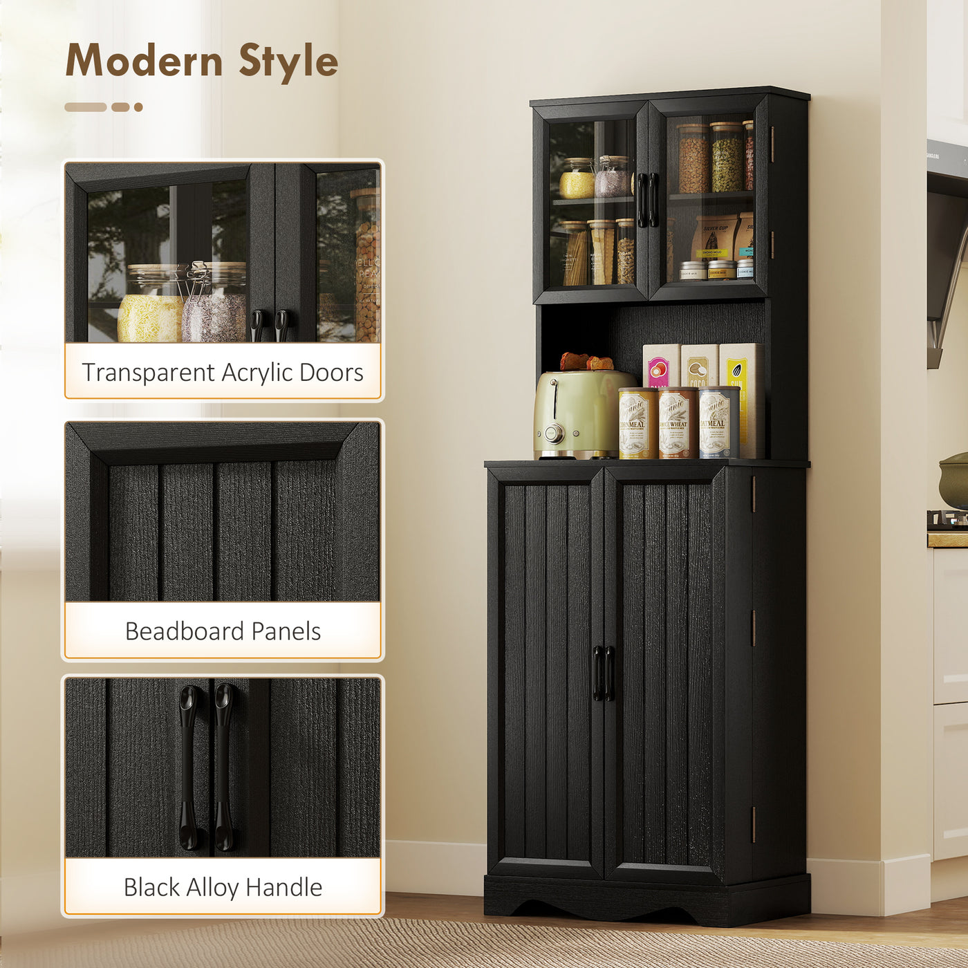 71" Kitchen Pantry Cabinet, Freestanding Kitchen Hutch with 8 Door Shelves, Adjustable Shelf and Acrylic Doors, Black