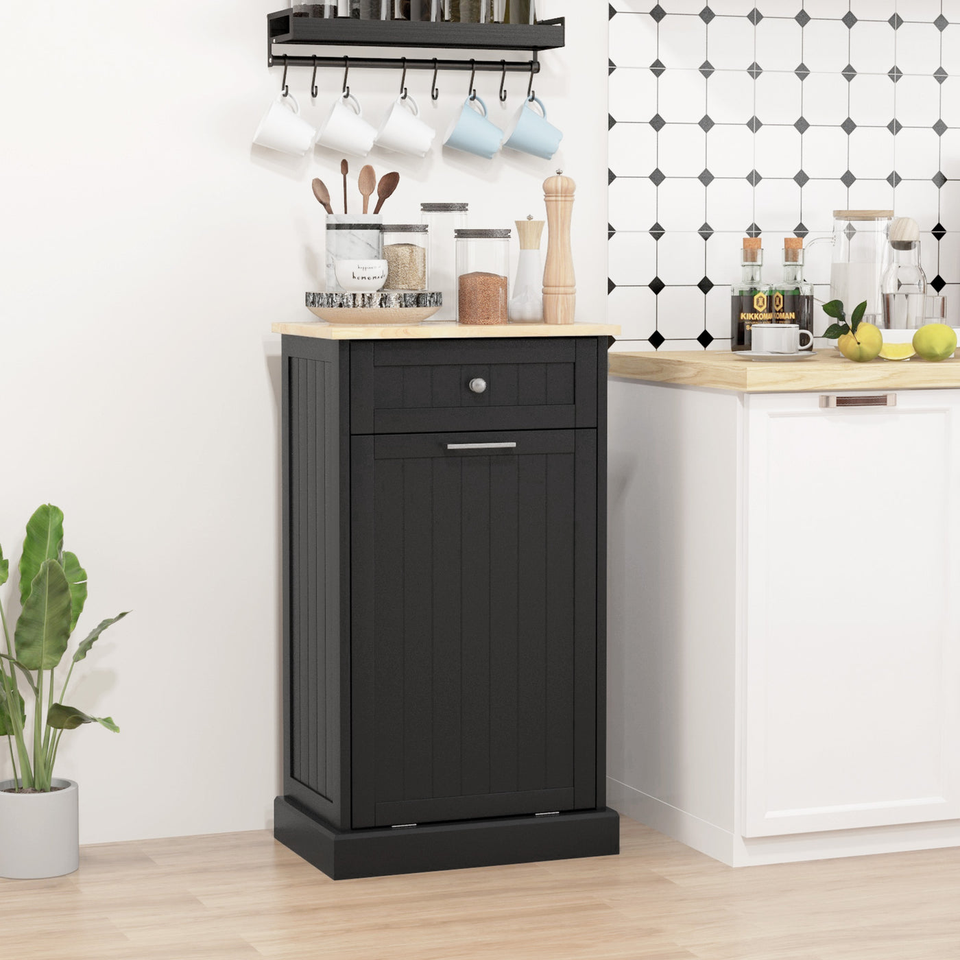 Kitchen Tilt Out Trash Bin Cabinet, Free Standing Recycling Cabinet, Trash Can Holder with Drawer, Black
