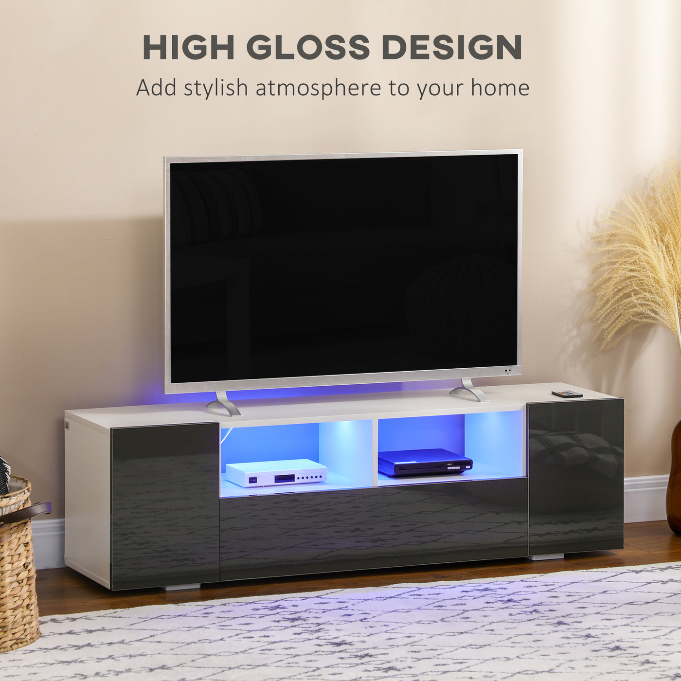 TV Stand for TVs up to 60", TV Unit with LED Lights, Storage Shelves and Cupboards, 53.9" x 13.8" x 16.5", Grey