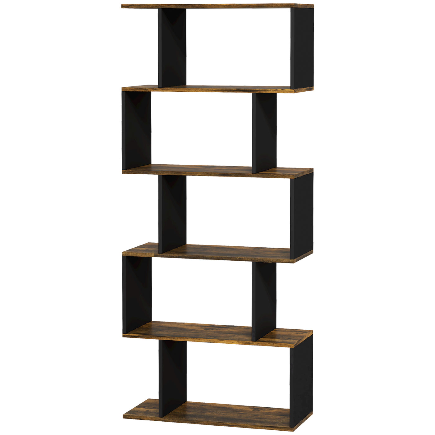 5-Tier Bookshelf, Geometric S Shaped Bookcase, Tall Narrow Display Shelf for for Living Room, Study Room, Rustic Brown