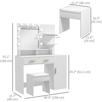 Illuminated Dressing Table Set, LED Vanity Table Set with Stool, LED Mirror, Drawer and Cabinet Shelves for Bedroom