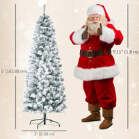 6ft Prelit Artificial Pencil Christmas Tree, Snow Flocked Slim Xmas Tree with Warm White LED Lights - Green