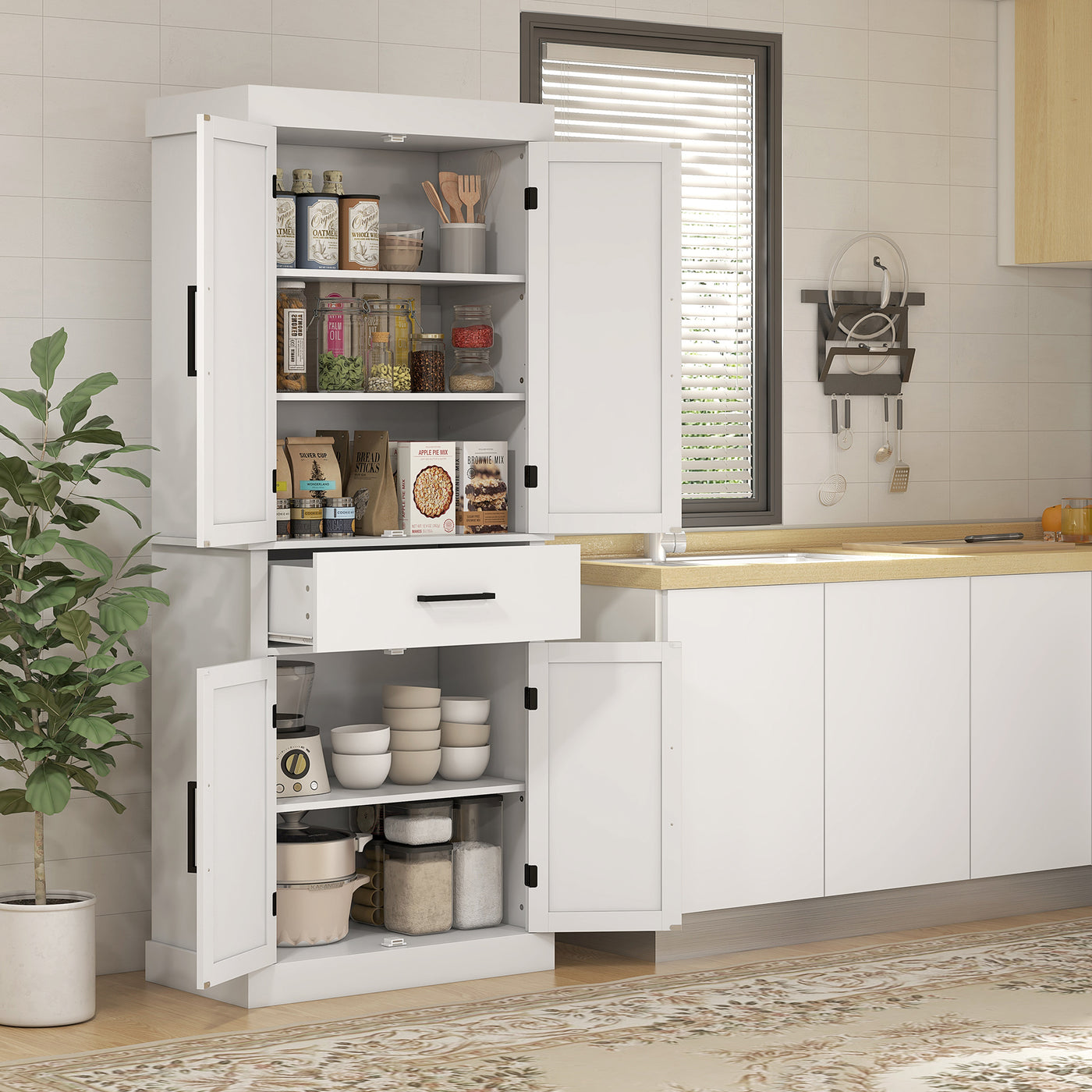 72" Kitchen Storage Cabinet, Farmhouse Kitchen Pantry Cabinet with 4 Barn Doors, Drawer, Adjustable Shelves, White