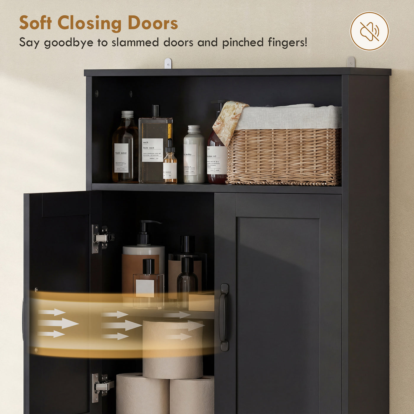Over the Toilet Storage Cabinet Freestanding Bathroom Organizer with 2 Doors and Open Shelf Black