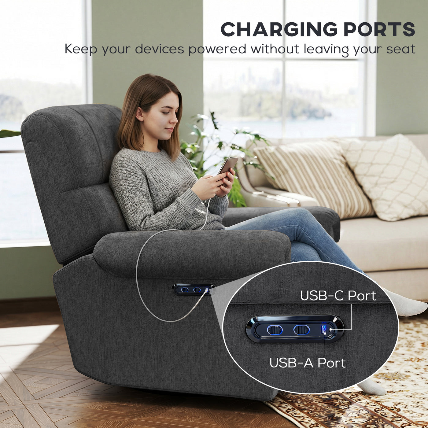 Power Recliner Chair, Fabric Upholstered Recliner Chair with USB Ports, Swivel and Rocking Function, Footrest, Dark Grey