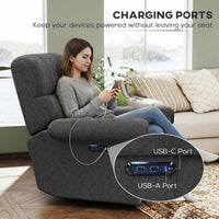Power Recliner Chair, Fabric Upholstered Recliner Chair with USB Ports, Swivel and Rocking Function, Footrest, Dark Grey