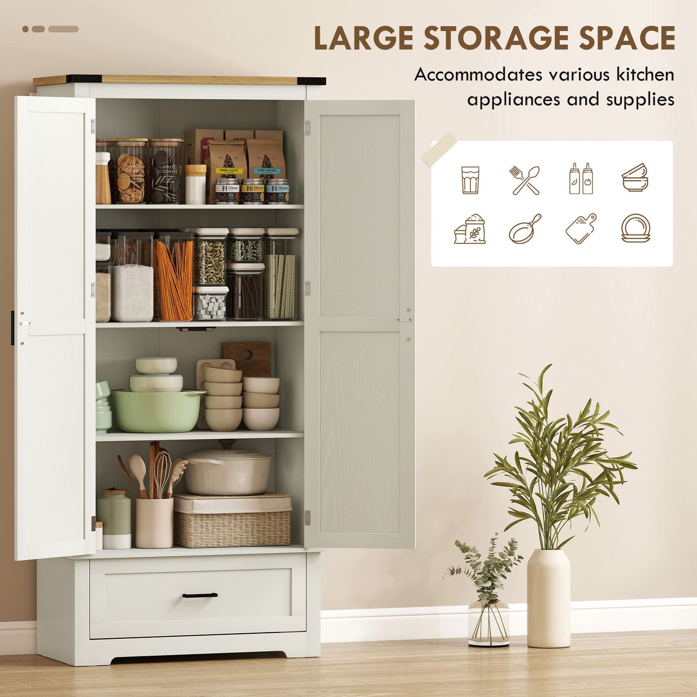 69" Tall Farmhouse Kitchen Pantry Cabinet with 2 Doors, Drawer and Adjustable Shelves, Cream White