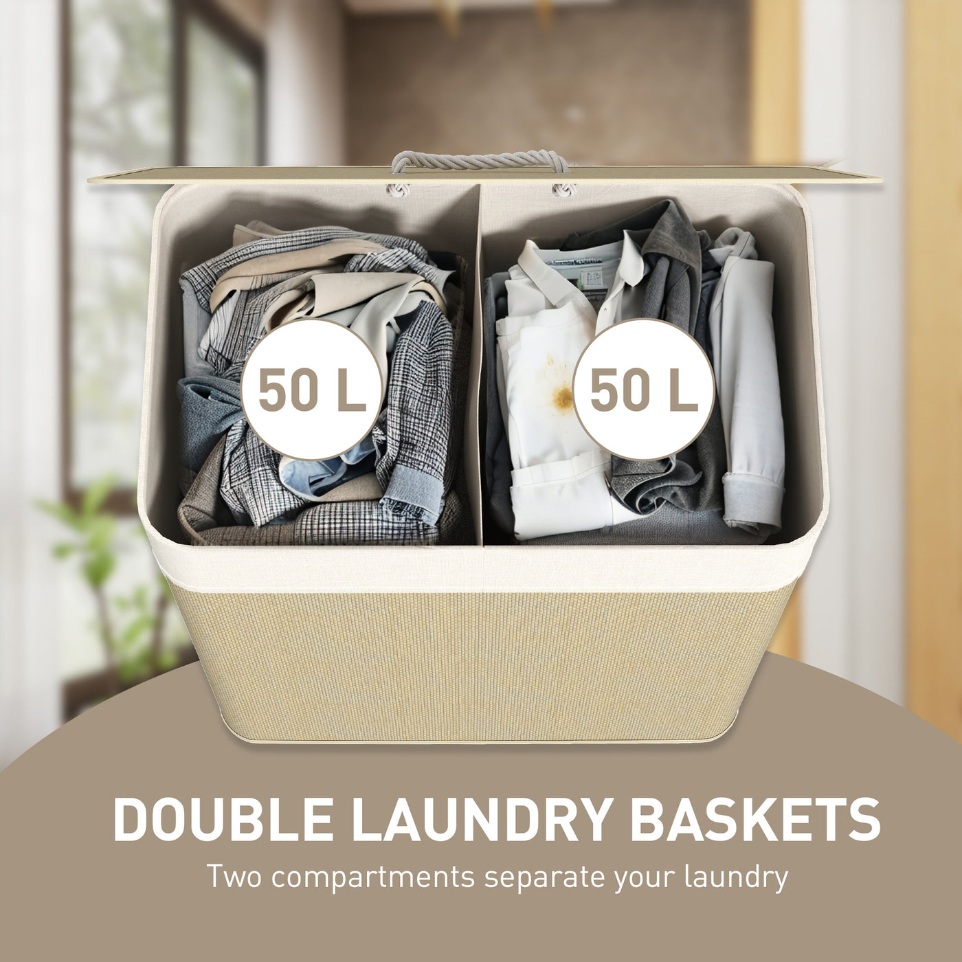 Double Laundry Basket with Lid, 100L Bamboo Laundry Hamper with Rope Handles and Removable Bags, Natural