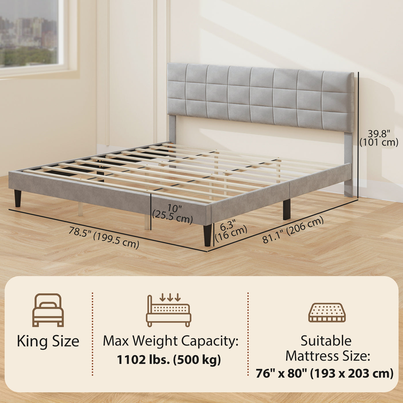 King Size Bed Frame with Upholstered Headboard, Modern Platform Bed Frame with Wood Slats, 1100 lbs Capacity, Grey