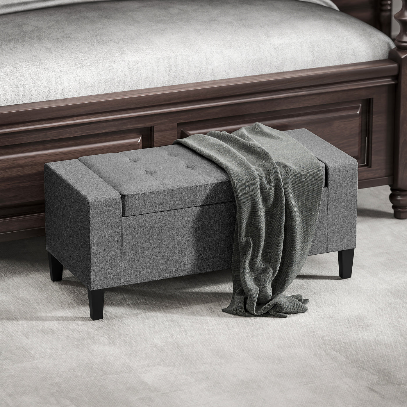 36" Storage Ottoman Bench, Linen-Look Fabric End of Bed Bench with Solid Wood Frame and Legs, Tufted Storage Chest, Footrest for Living Room, Bedroom, Entryway, Grey