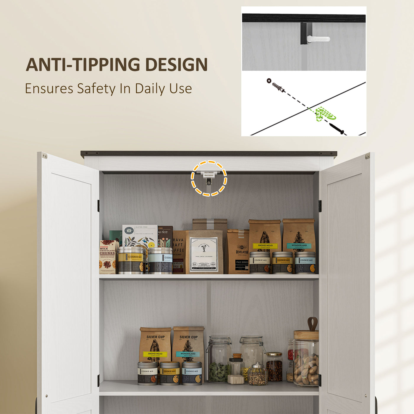 72" Farmhouse Pantry Cabinet with Adjustable Shelves, Kitchen Pantry Cabinet with 2 Doors, White Wood Grain
