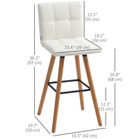 Modern Bar Stools Set of 2, 38" Upholstered Kitchen Island Stool with Solid Wood Legs, White