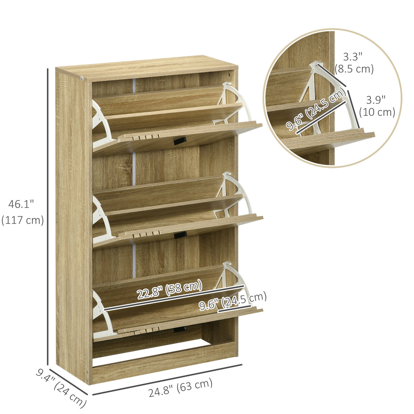 Shoe Storage Cabinet Organizer for 18 Pairs of Shoes with 3 Flip Drawers and Adjustable Shelves, Oak