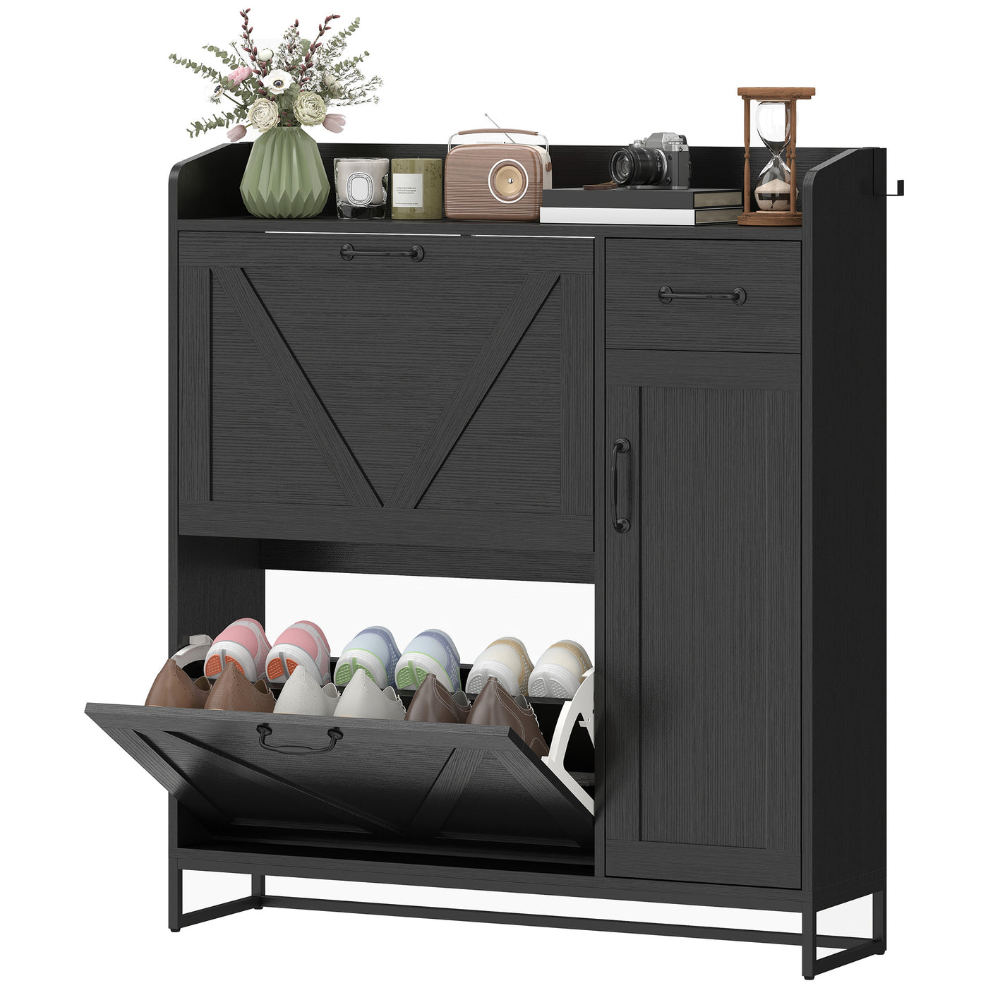 Farmhouse Shoe Storage Cabinet with Side Cabinet and Adjustable Shelves for Entryway, Hallway, Holds 12 Pairs, Black