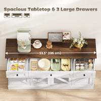 Sideboard Buffet Cabinet, 54" Farmhouse Kitchen Storage Cabinet with Acrylic Barn Doors and 3 Drawers, White Wood Grain
