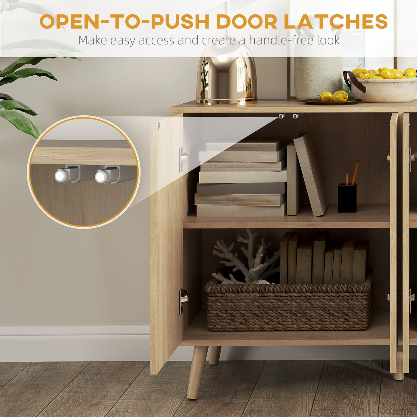 Buffet Cabinet with Storage Modern Fluted Sideboard with Adjustable Shelves Wood Legs for Dining Room Living Room Oak
