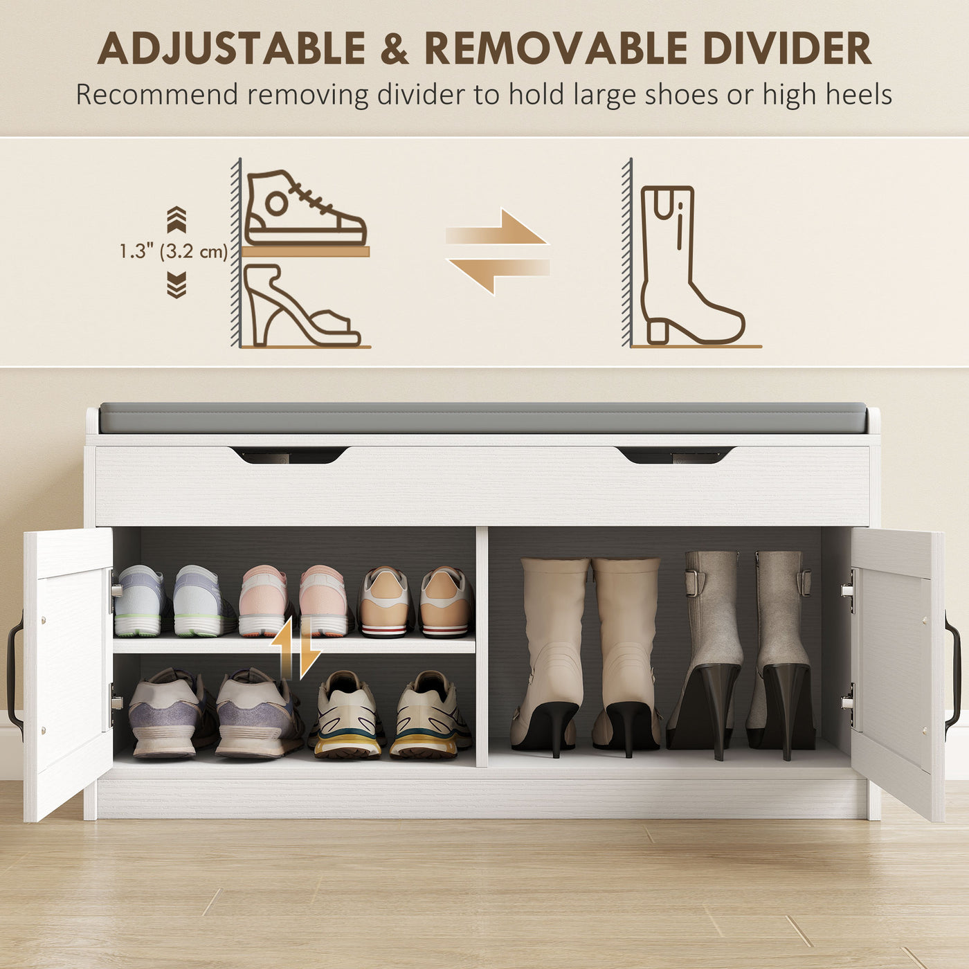 Shoe Storage Bench, Entryway Bench with 2-Tier Cabinet, Flip-Top Storage, Padded Cushion for Hallway, White