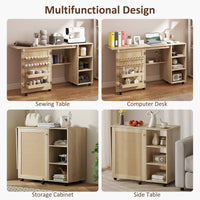 Sewing Machine Table with Drop Leaf, Folding Craft Table Rattan Door and Storage Shelves for Small Spaces, Natural