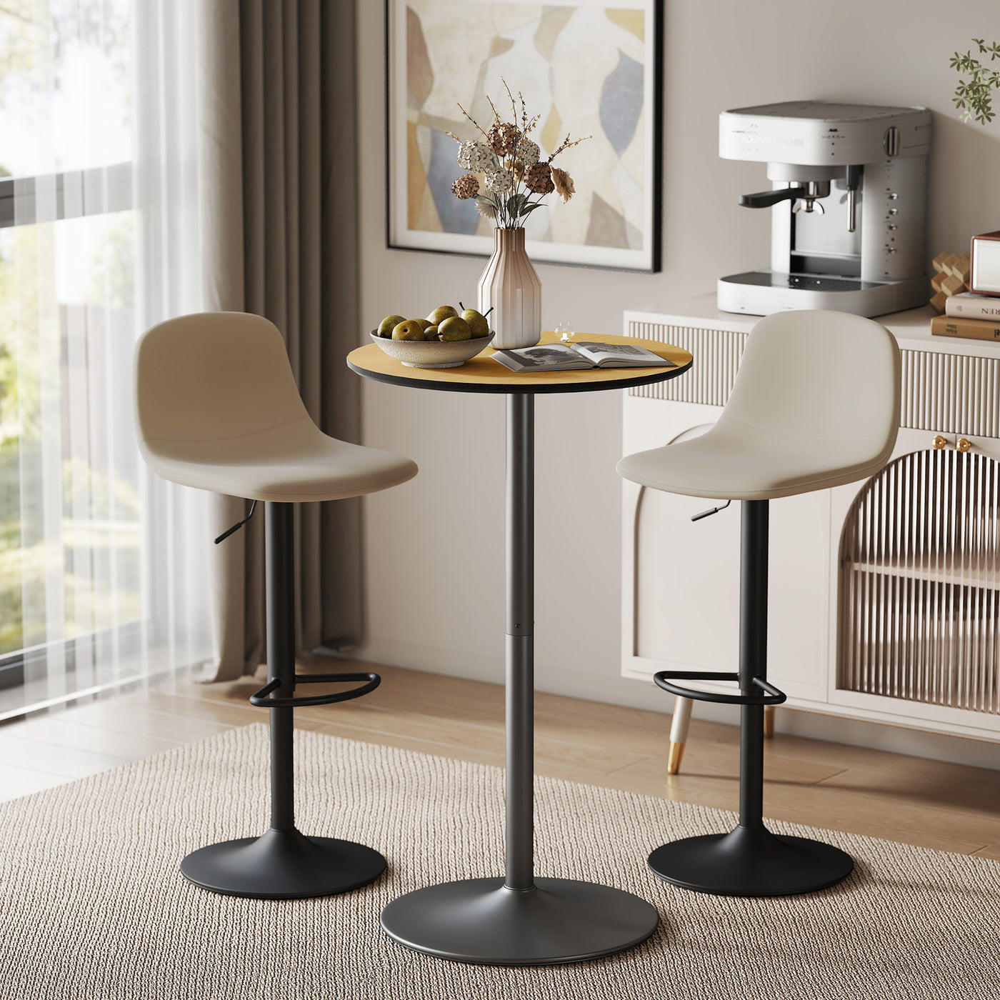 Round Table for 2, 40.2 Inch Bar Height Pub Table with Steel Frame, Non-Slip Base for Living Room, Kitchen, Natural Wood