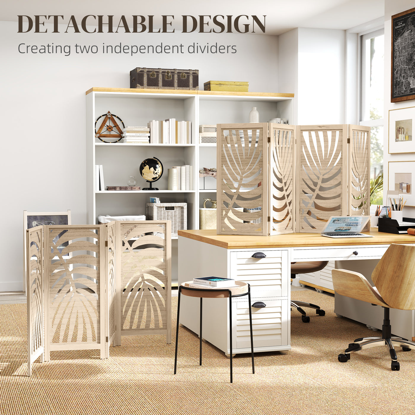 4 Panel Room Divider, Detachable Folding Privacy Screens with Palm Leaf Design for Home Office, Natural Wood Finish