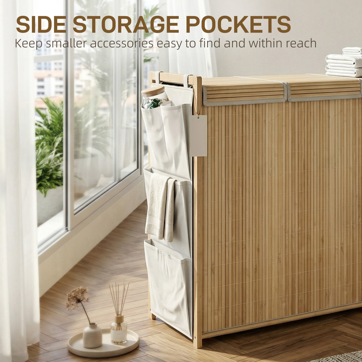 Bamboo Laundry Hamper with Removable Drawstring Bag and Side Storage Pockets, 47 Gal, Natural