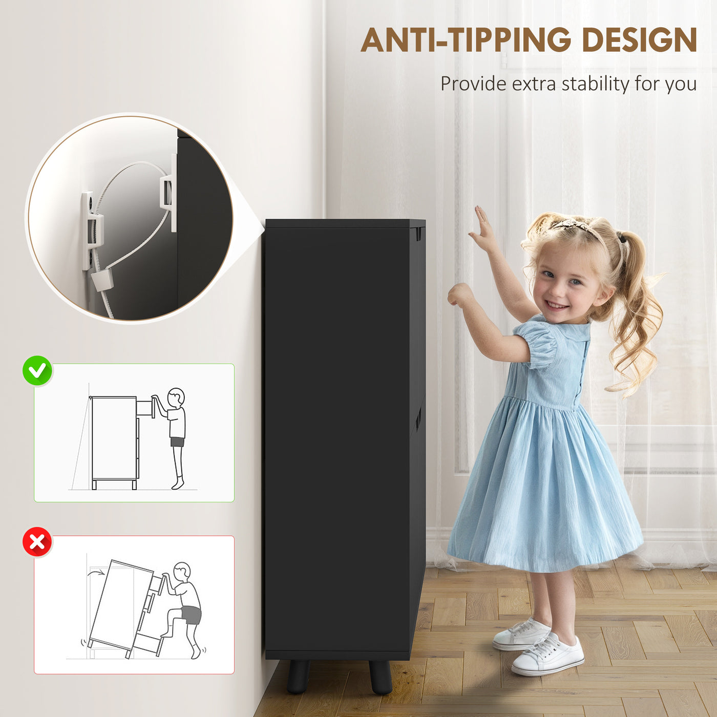 Narrow Shoe Cabinet, Shoe Storage Cabinet with 4 Flip Drawers and Adjustable Shelves for 16 Pairs of Shoes, Black