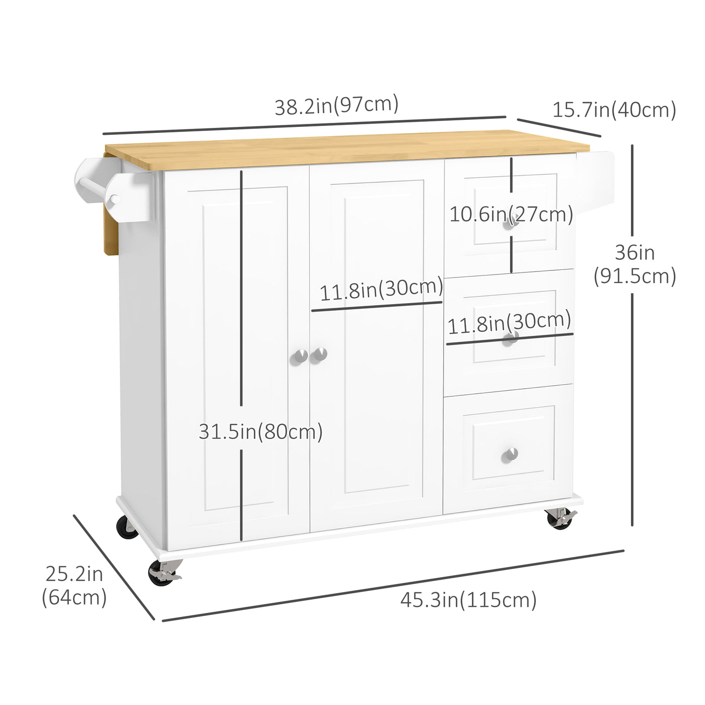 Kitchen Island on Wheels, Kitchen Cart with Drop Leaf, Drawers, Storage Racks, Rubberwood Top, White