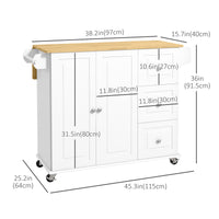Kitchen Island on Wheels, Kitchen Cart with Drop Leaf, Drawers, Storage Racks, Rubberwood Top, White