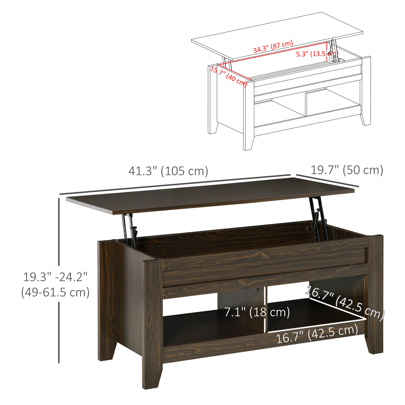 Lift Top Coffee Table with Hidden Storage Compartment and Open Shelves, Lift Tabletop Pop-Up Center Table for Living Room, Dark Walnut