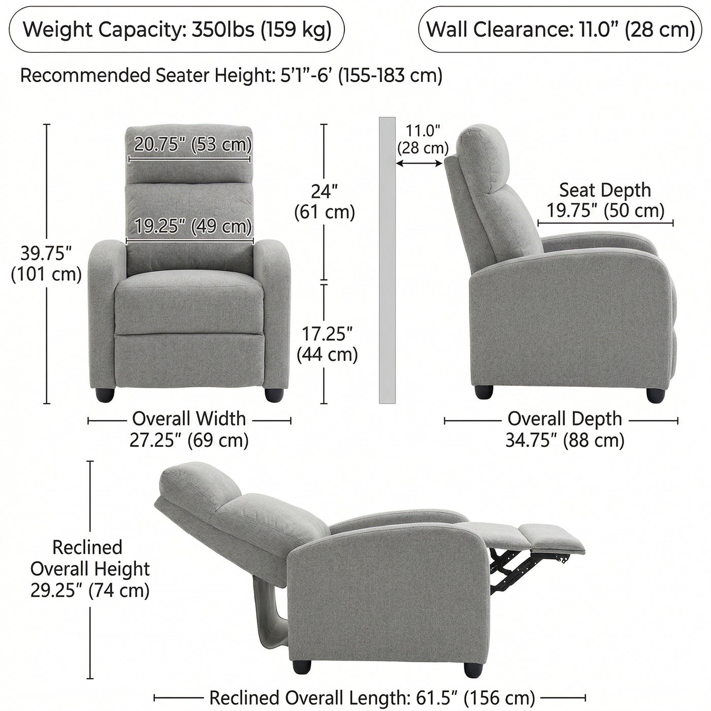 Manual Recliner Sofa Manual Home Theater Seating, Single Linen-Touch Sofa Armchair for Living Room, Light Grey