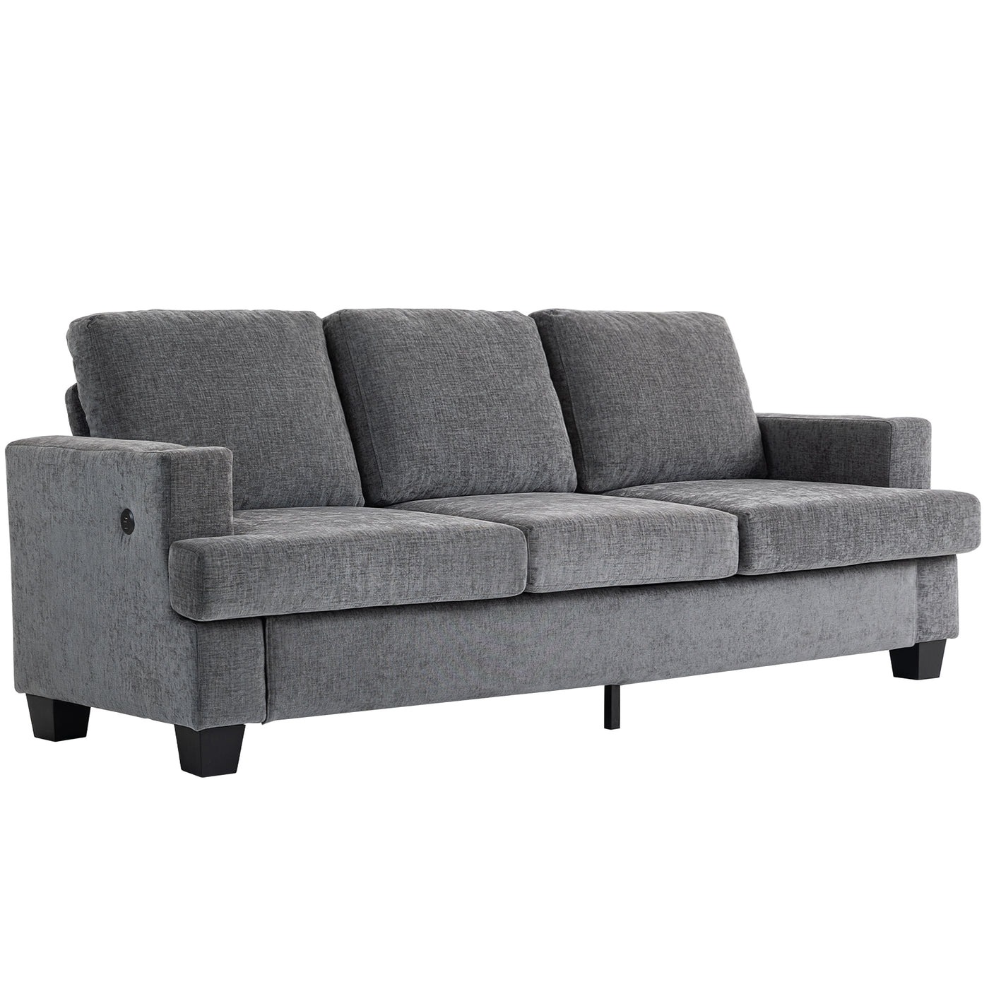 3 Seater Sofa with USB Ports & Cup Holders, Chenille-Feel Upholstered Couch for Living Room, Grey