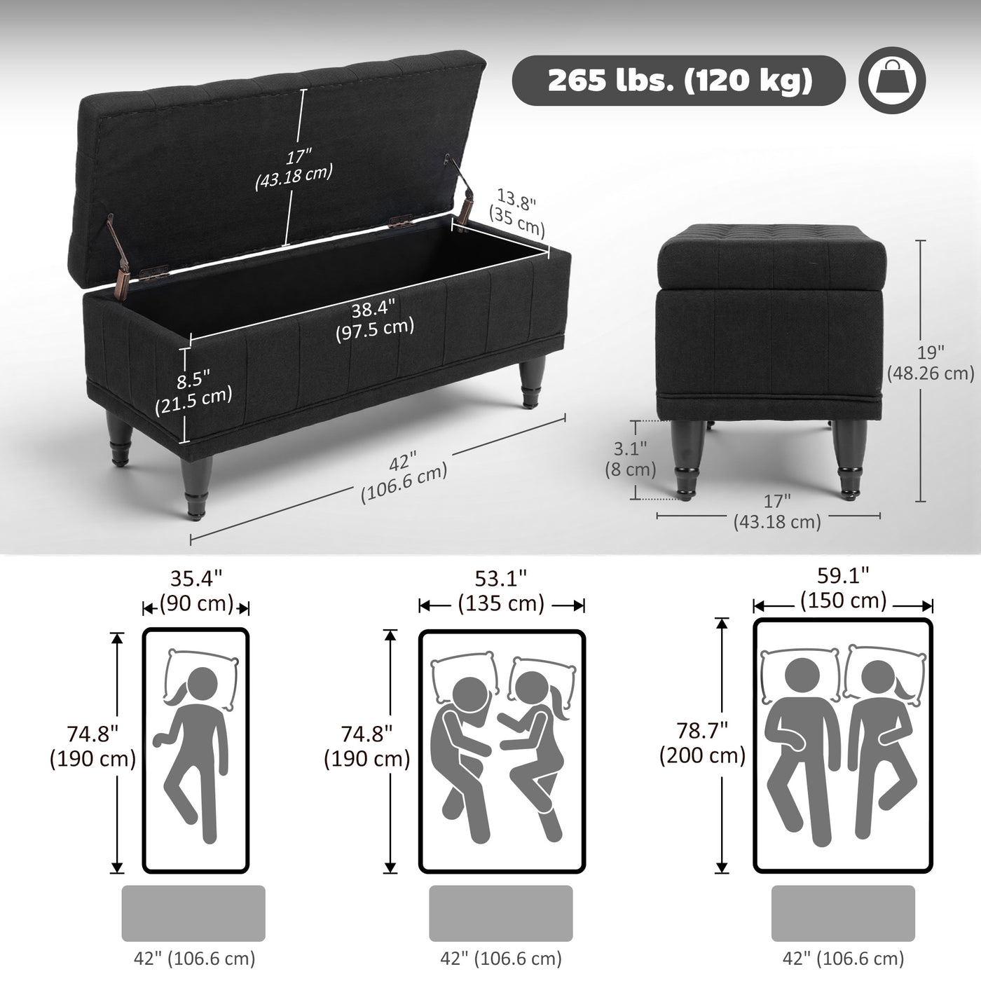Storage Ottoman, Linen Fabric End of Bed Bench with Button Tufted Storage Bench for Bedroom, Black