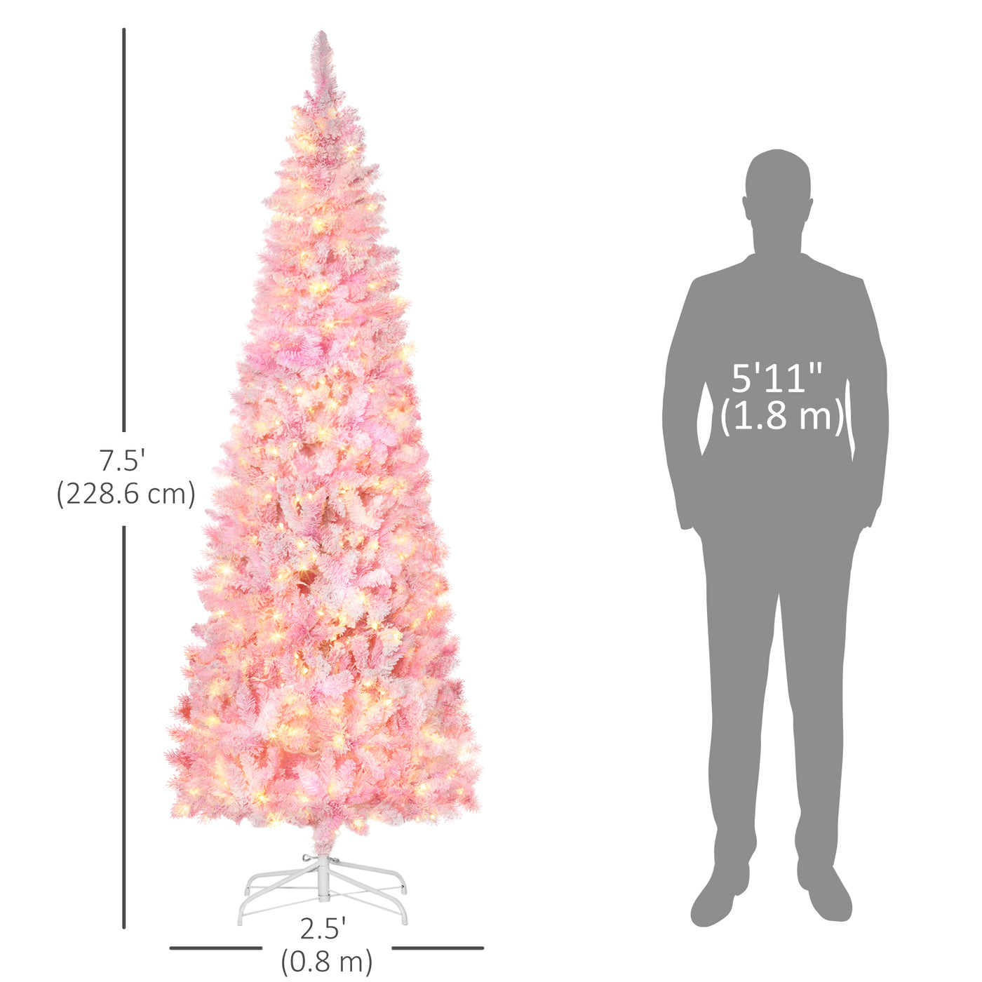7.5 Foot Prelit Snow Flocked Artificial Christmas Tree with Pencil Shape, 700 Pine Realistic Branches, Warm White LED lights, Auto Open, Pink and White