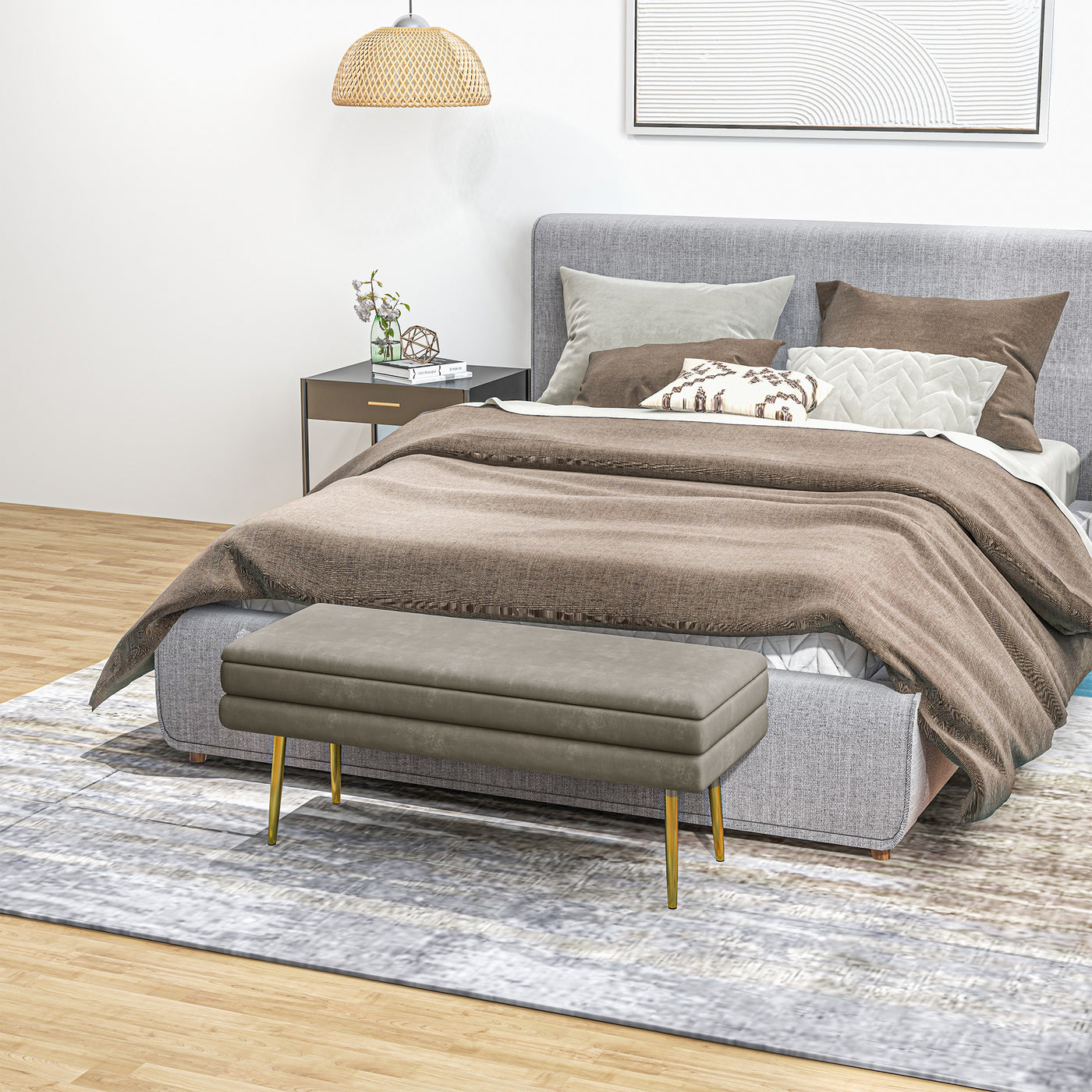 39" Storage Ottoman, Velvet End of Bed Bench with Steel Legs, Foot Stool with Storage for Bedroom, Living Room, Beige