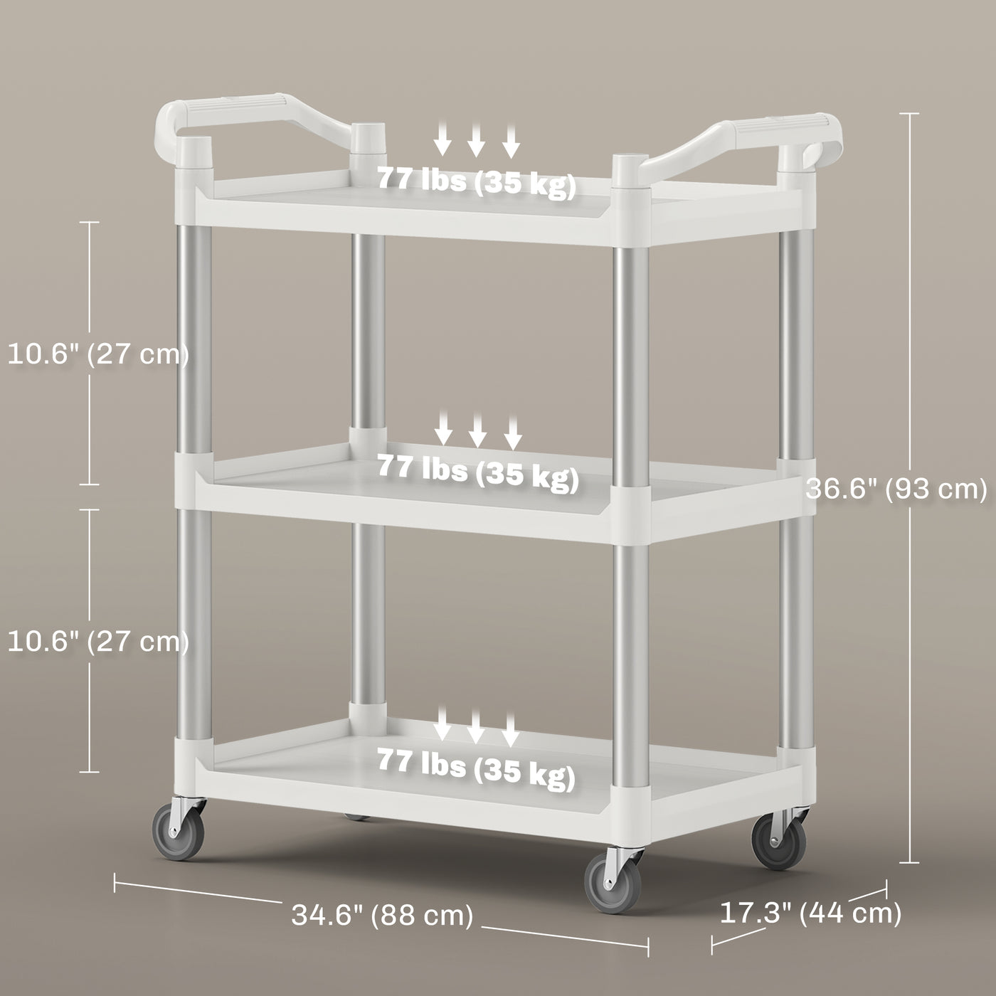 3-Tier Utility Cart Rolling Storage Trolley with 3 Shelves, Silver and White