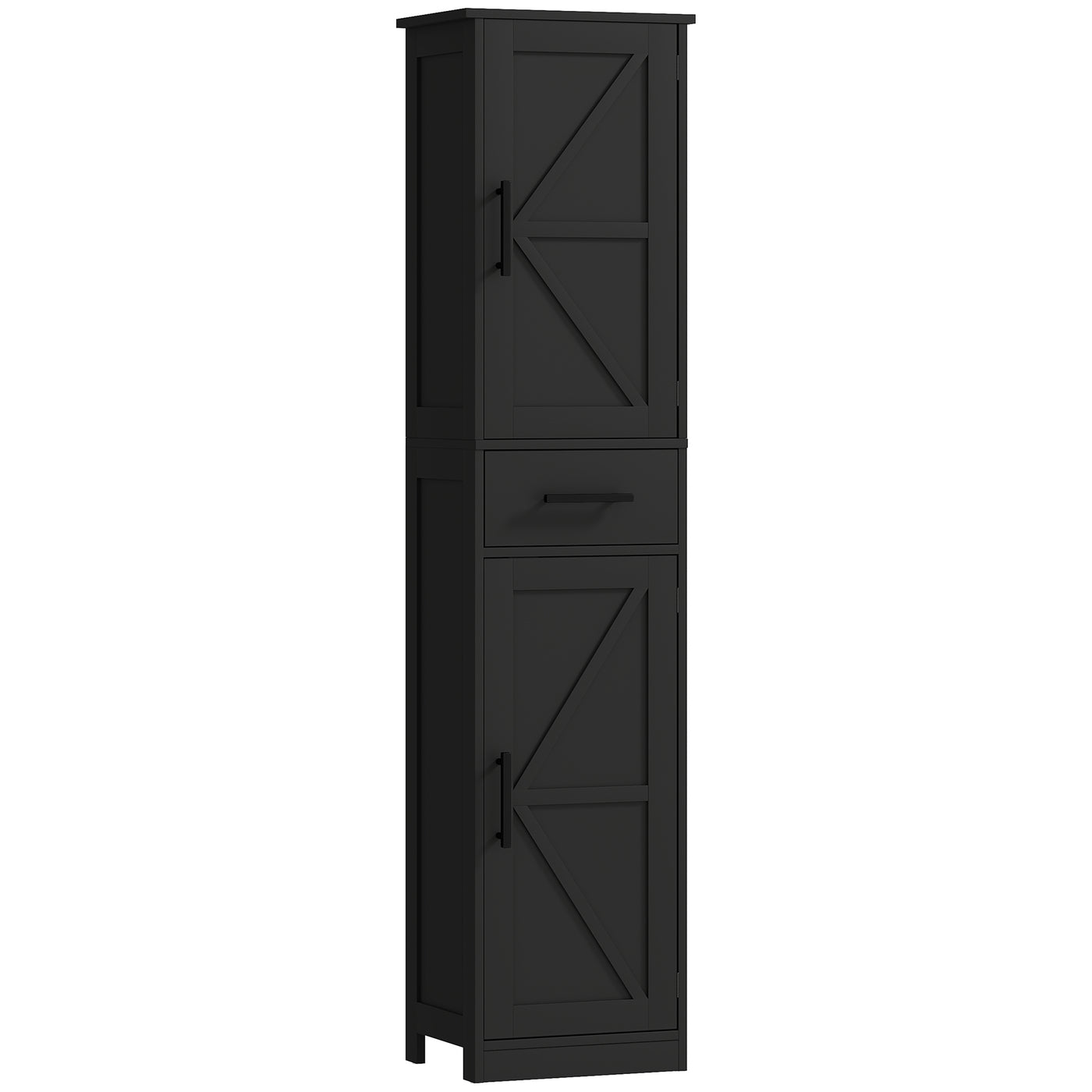 67" Tall Bathroom Cabinet, Narrow Bathroom Storage Cabinet with Drawer, Barn Doors and Adjustable Shelves, Black