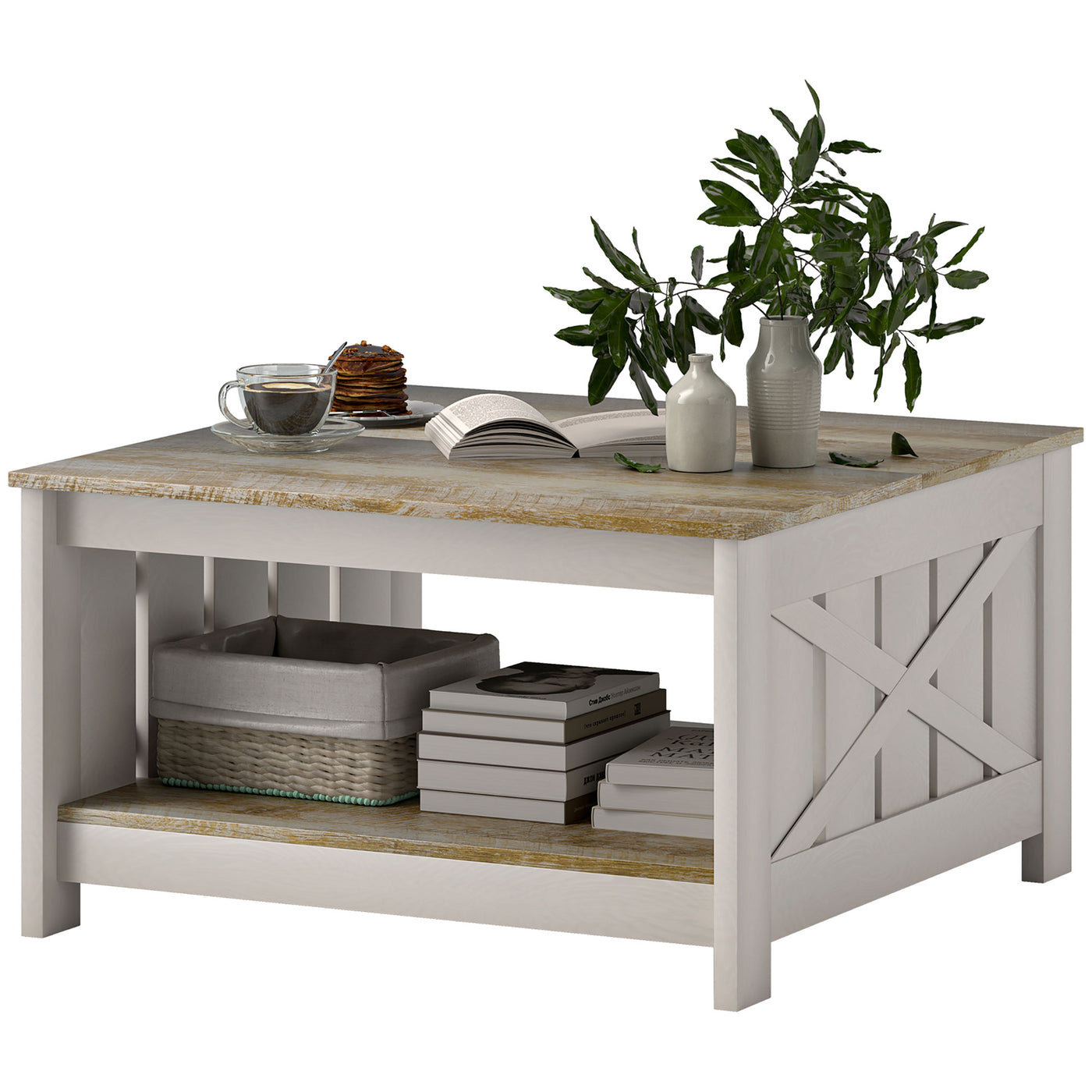 31.5" Square Coffee Table, Farmhouse 2-Tier Center Table for Living Room, Distressed Oak and Brown