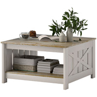 31.5" Square Coffee Table, Farmhouse 2-Tier Center Table for Living Room, Distressed Oak and Brown