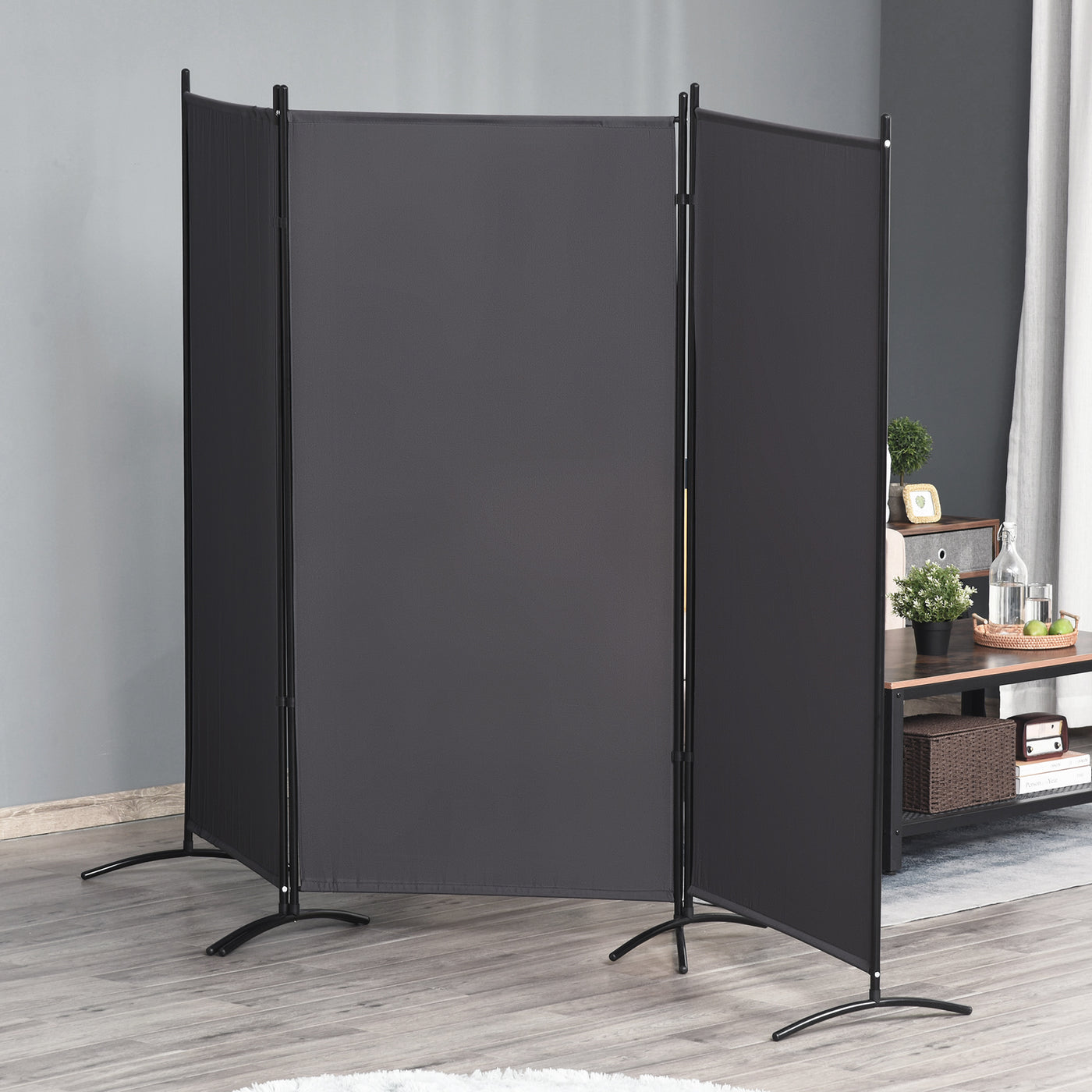 6' 3 Panel Room Divider, Double Hinged Folding Wall Divider, Indoor Privacy Screen for Home Office,  Charcoal Grey