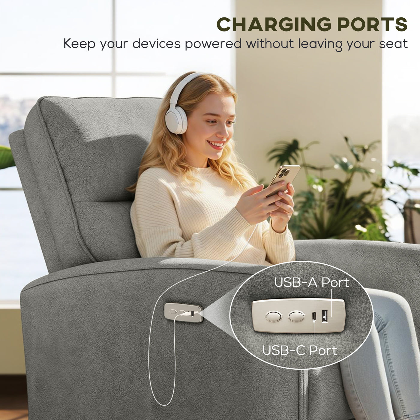 Power Recliner Chair, Dyed Fabric (Like Leathaire) Upholstered Recliner Chair with USB Ports, Footrest, Grey