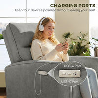 Power Recliner Chair, Dyed Fabric (Like Leathaire) Upholstered Recliner Chair with USB Ports, Footrest, Grey