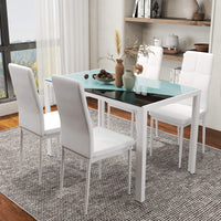 5-Piece Rectangular Glass Kitchen Table and Chairs with Metal Frame and Faux Leather Upholstery for Dining Room, White