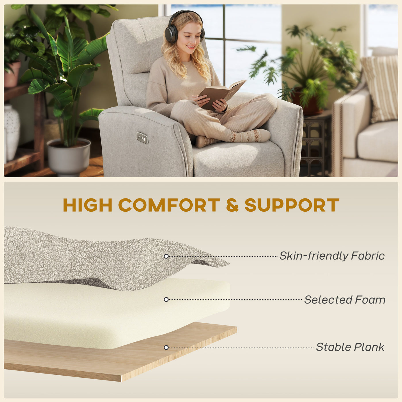 Power Recliner Chair, Dyed Fabric (Like Leathaire) Upholstered Recliner Chair with USB Ports, Footrest, Beige