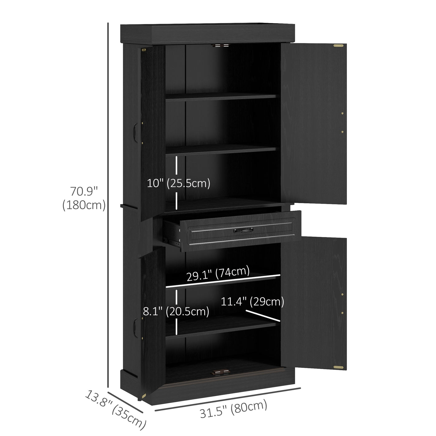 71" Freestanding Kitchen Pantry with 4 Doors and 2 Cabinets, Tall Storage Cabinet for Kitchen, Distressed Black