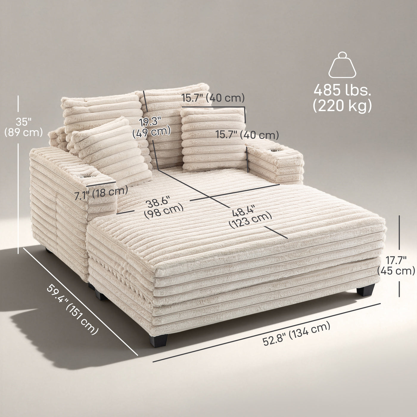 60" Chaise Lounge Chair, Oversized Upholstered Sofa Bed with Cup Holders & Pillows, Sleeper Couch for Living Room, Beige
